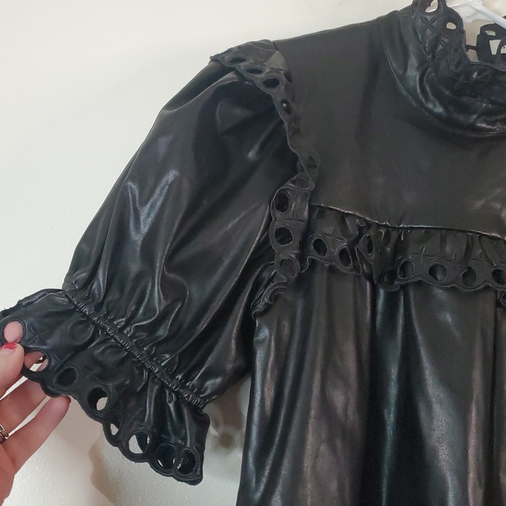 Stellah Faux Leather Eyelet Trim Black Blouse Top Size Med Edgy Whimsigoth - Picture 4 of 13